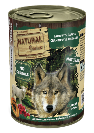 Natural Greatness cibo umido AGNELLO CON PAPAYA, MIRTILLI E ROSMARINO 400g