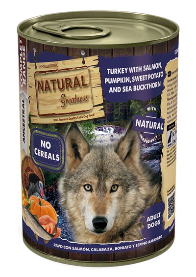 Natural Greatness cibo umido TACCHINO CON SALMONE, ZUCCA, PATATE DOLCI E SPINO MERLO 400g