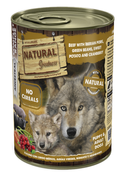 Natural Greatness cibo umido MANZO CON MAIALE IBERICO, FAGIOLI VERDI, PATATE DOLCI E MIRTILLI ROSSI 400g (Anche per cuccioli)