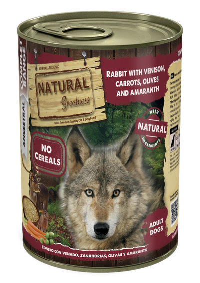 Natural Greatness cibo umido CONIGLIO CON CERVO, CAROTE, OLIVE E AMARANTO 400g