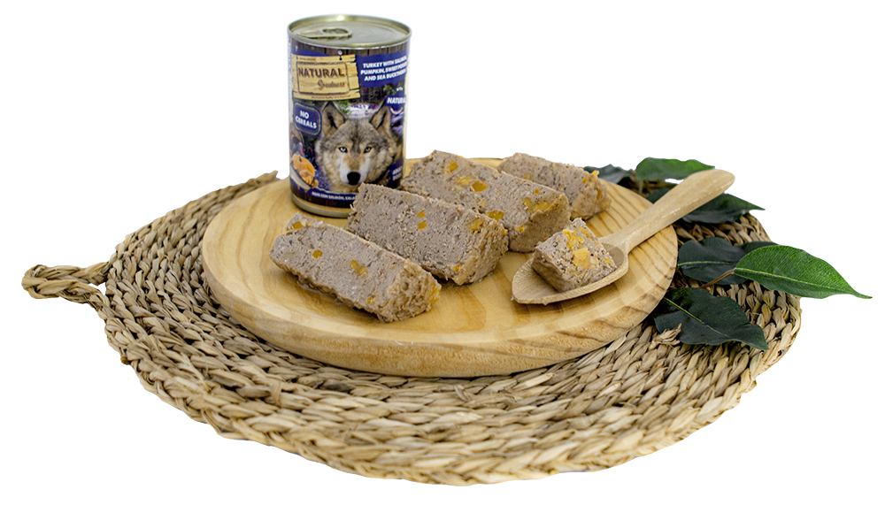 Natural Greatness cibo umido TACCHINO CON SALMONE, ZUCCA, PATATE DOLCI E SPINO MERLO 400g