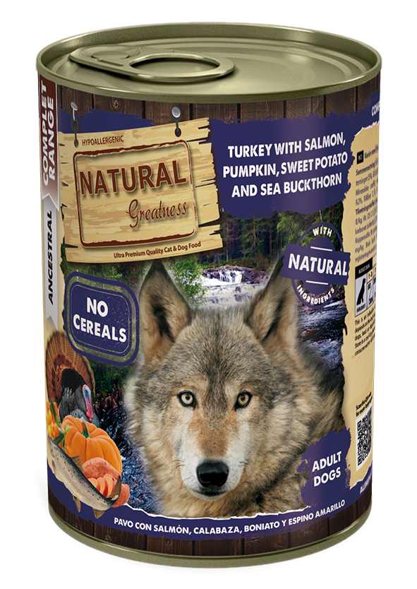 Natural Greatness cibo umido TACCHINO CON SALMONE, ZUCCA, PATATE DOLCI E SPINO MERLO 400g