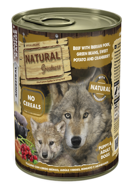 Natural Greatness cibo umido  MANZO CON MAIALE IBERICO, FAGIOLI VERDI, PATATE DOLCI E MIRTILLI ROSSI 400g (Anche per cuccioli)